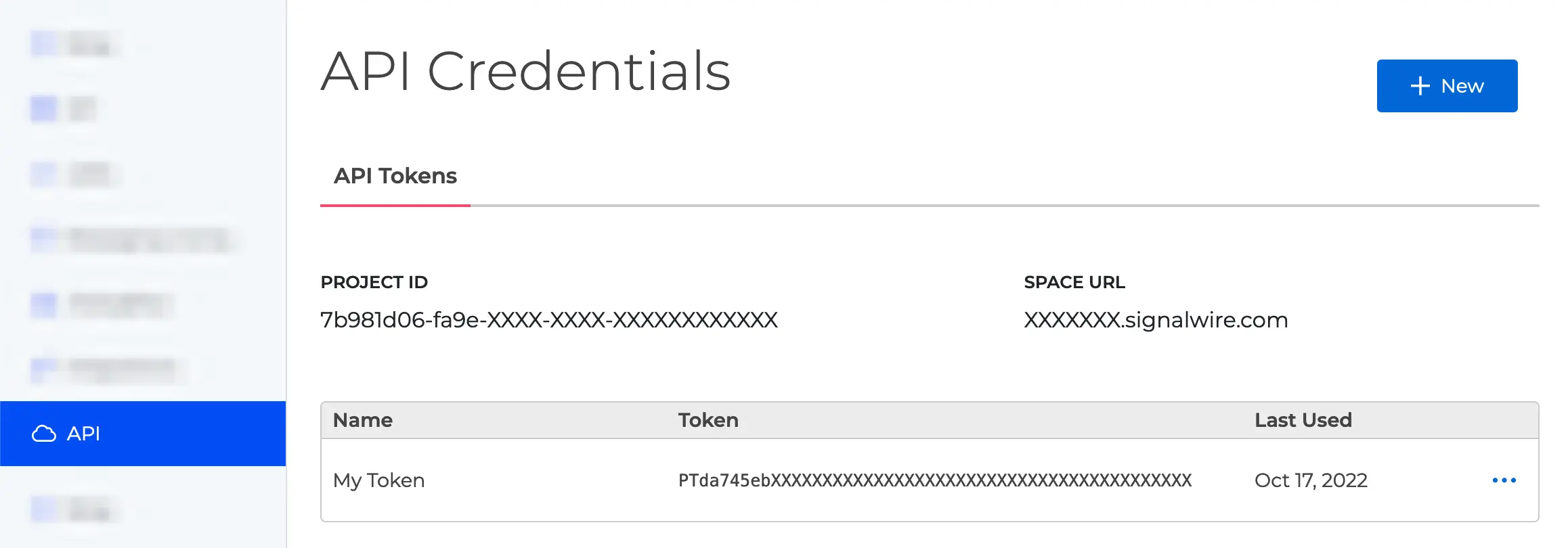 The API Credentials page on the SignalWire Dashboard.